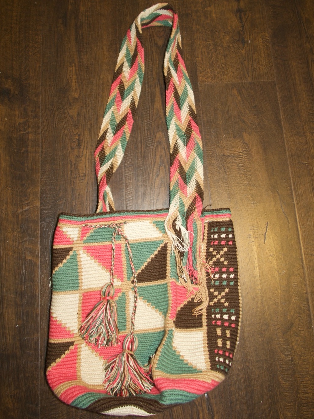Woven Geometric Crossbody Bag in Pink, Teal & Brown